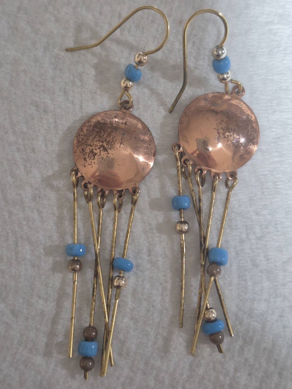 Vintage Southwestern Copper Shield & Brass Fringe Chandelier Dangle Earrings